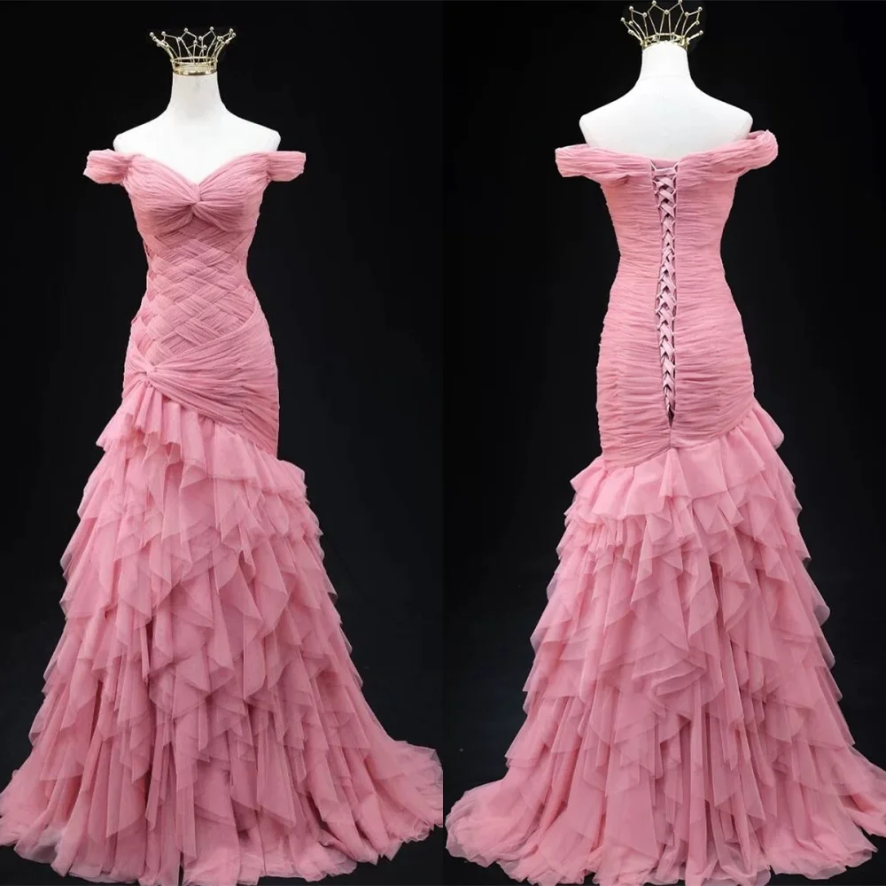 

Customized Classic Pink Tulle Evening Dress Delicate Strapless Off the Shoulder Sleeveless Lace Up Back Special Occasion Gowns