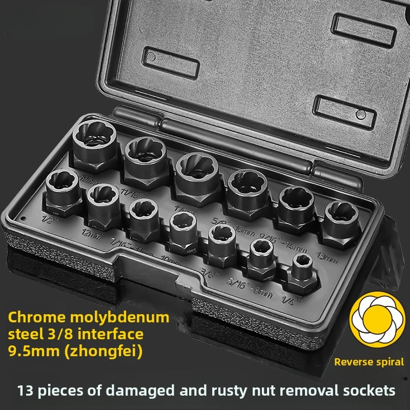 13Pieces Impact Bolt & Nut Remover Set Cr-Mo Steel Bolt Extractor Tool Set with Solid Storage Case for Industrial Drop