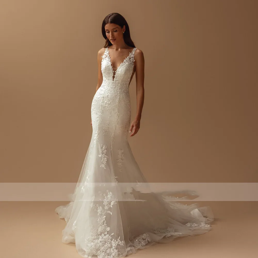 Flavinke Gaun Pengantin Seksi Putri Duyung Kustom Kerah V Tanpa Lengan Vestido De Novia Bordir Renda Jubah Buatan Antik De Mariee