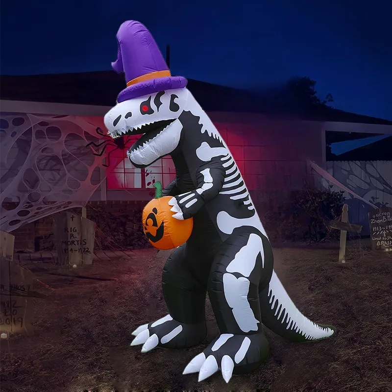 8Ft Halloween Decoration Props Skeleton Dinosaur Holding Pumpkin Inflatable Air Model Horror Festival Decorations Outdoor Garden