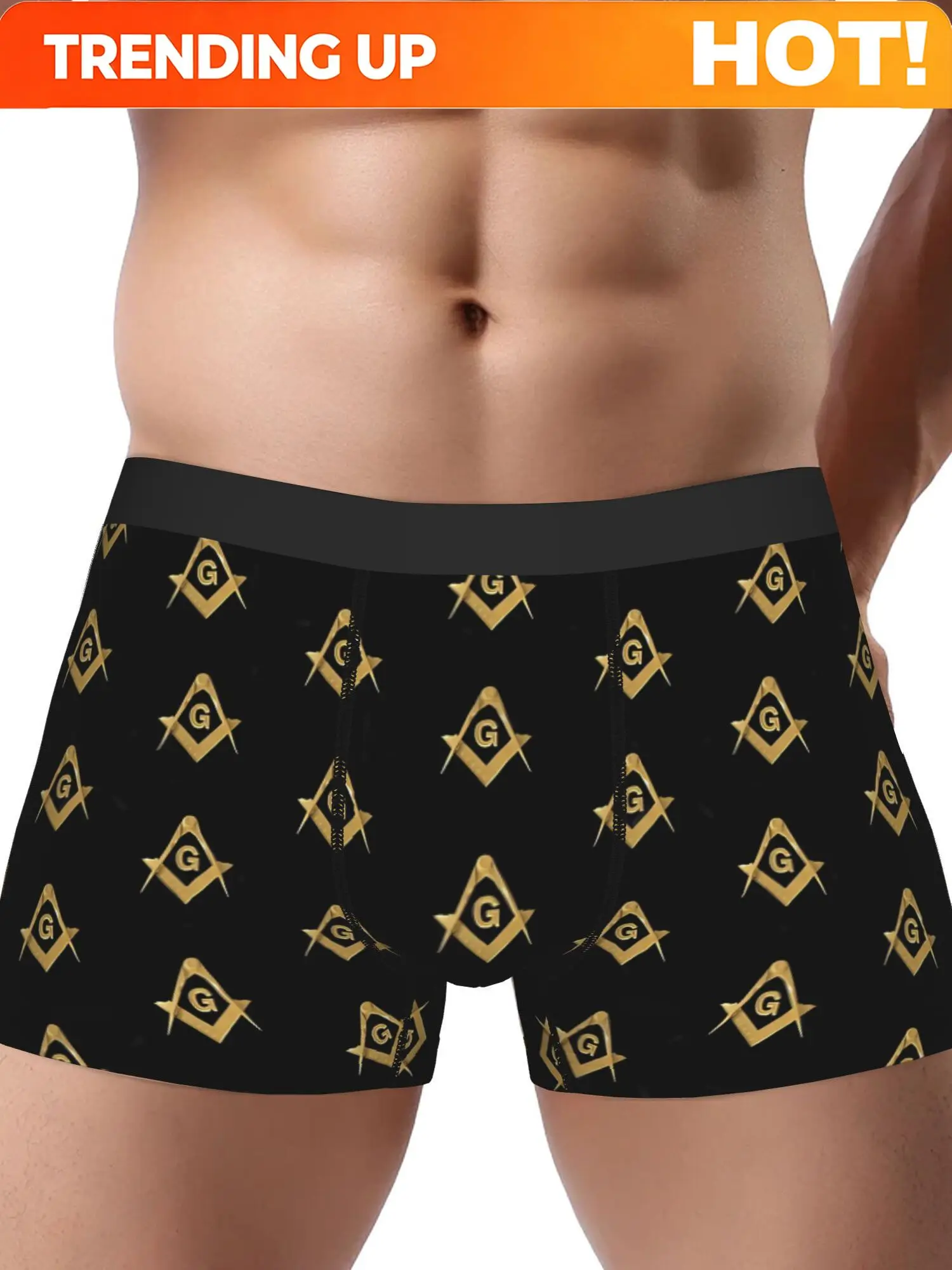 BIIHUDU Men' Freemason Underwear with Square & Compass Masonic Emblem - Golden & Black Masonic Apparel, Masonic Degree Symbols f