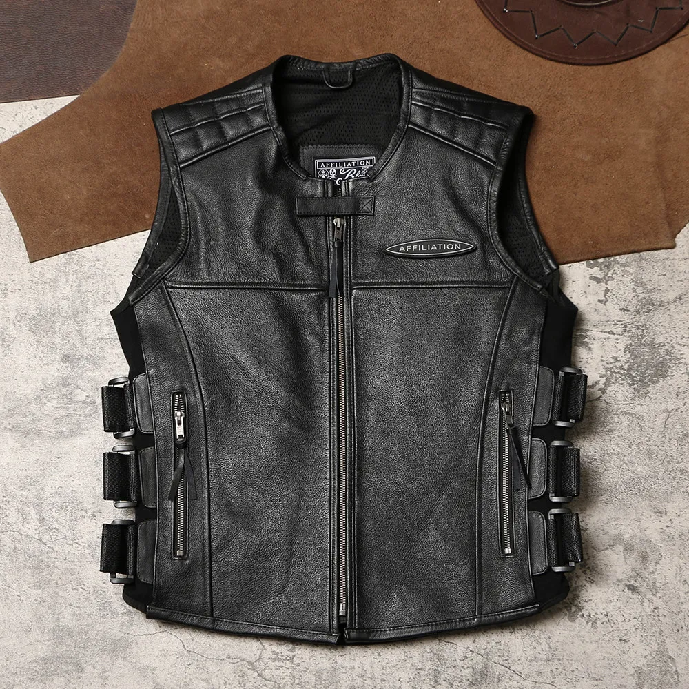 Unisex Genuine Leather Motorcycle Vest, All Season Cowhide Biker Waistcoat Club Team Jacket with Protector Pockets
