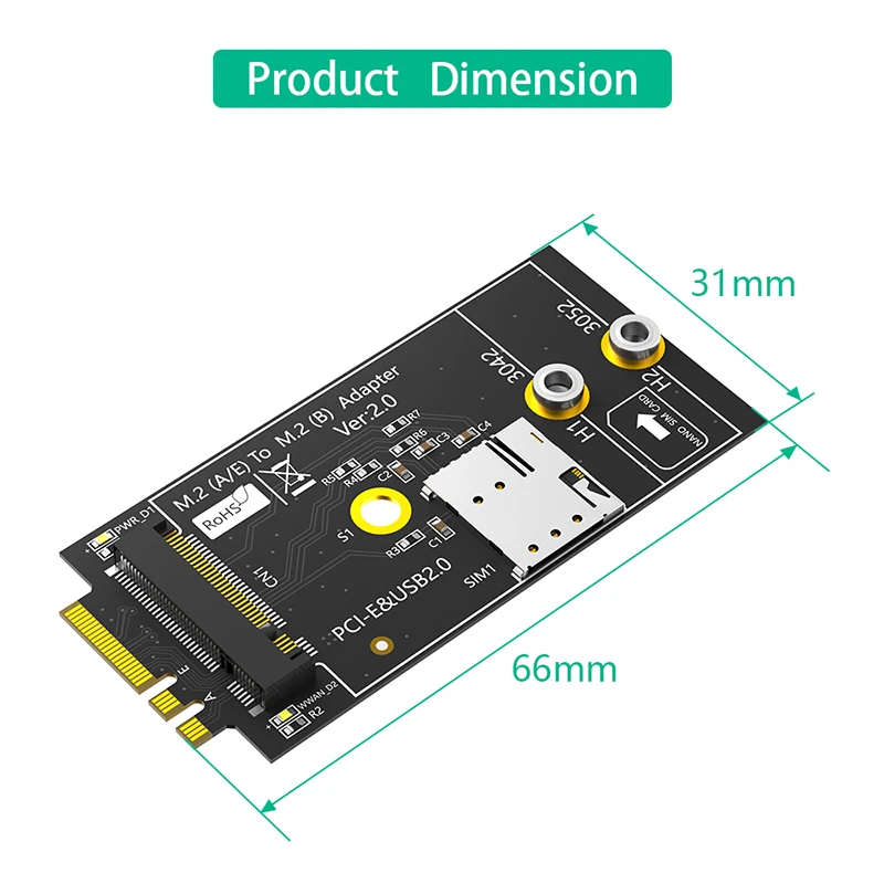 M.2 Key B to M.2 Key A+E Adapter with NANO SIM Card Slot for 3G/4G/5G Module Support 3042/3052 Type Key B M2 Wifi Card Converter