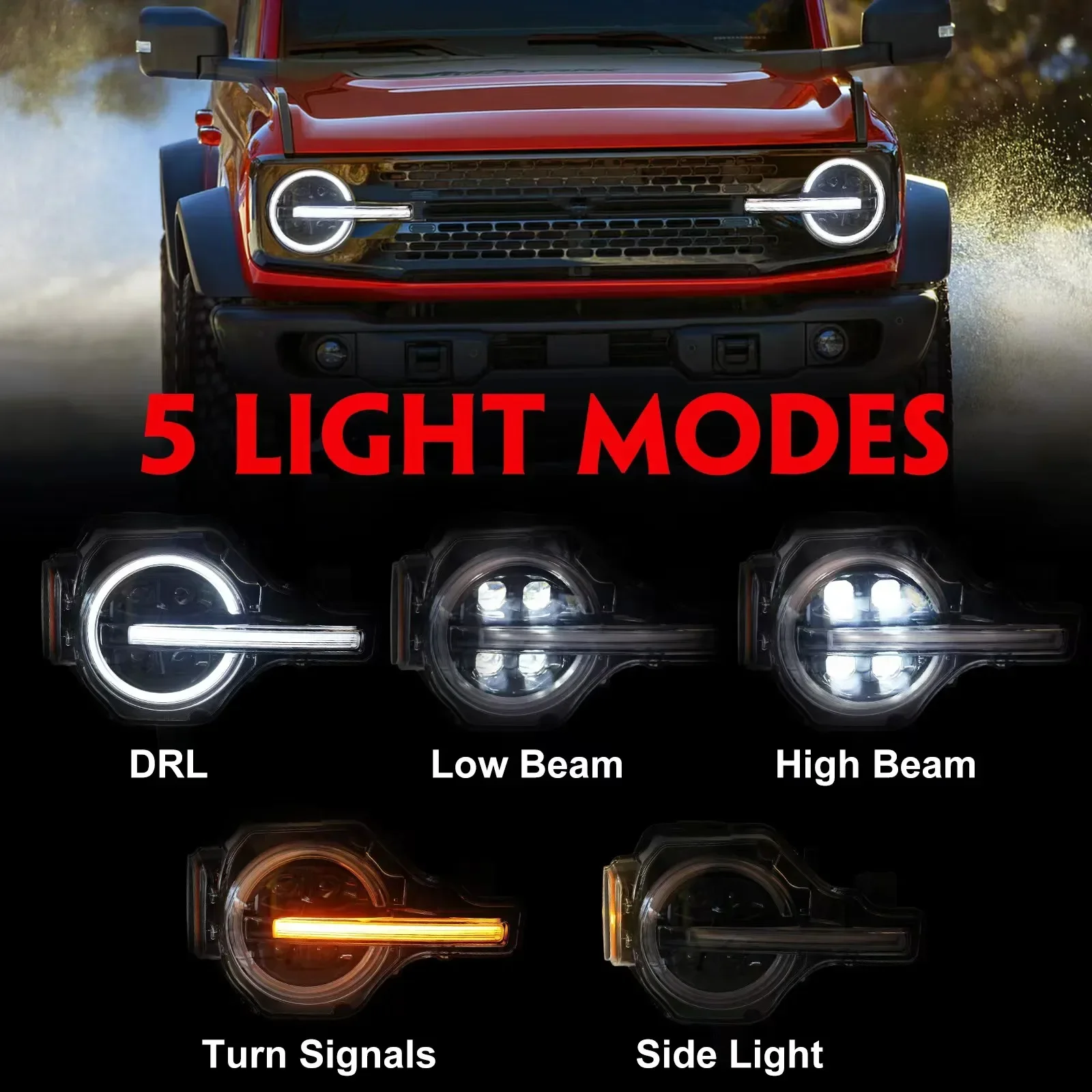 4 lenses led  headlights RGB  Car Light Ip68 led headlamp for Ford Bronco  2021 2022 2023  Car Light