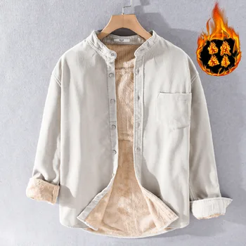 Sıcak Erkek Kış Gömlek Uzun Kollu Kadife Vintage Gömlek Erkekler Günlük Nedensel Kalınlaşmak Giyim Katı Cep Polar Gömlek Basit