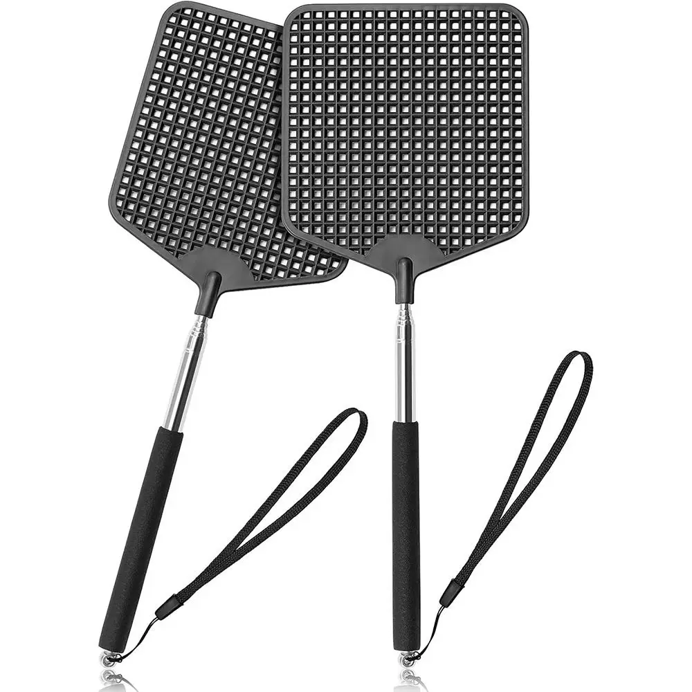 New Black Telescopic Fly Swatters Stainless Steel Handle Flyswatter Heavy Duty Plastic Fly Swatter for Indoor Outdoor Classroom