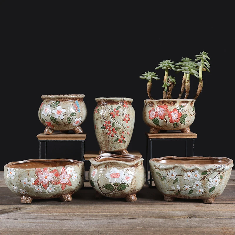 Korean Ins Hand Painted Floret Ceramic Succulent Flowerpots Vintage Thumb Bonsai Potted Handicrafts Gardening