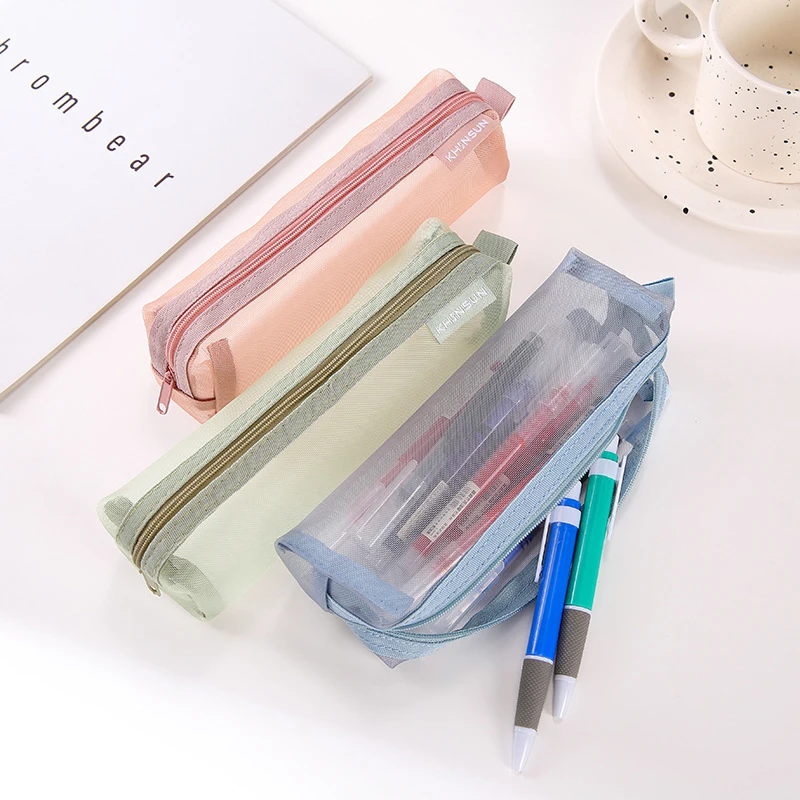 Semi-transparent Simple Mesh Pencil Bag Students Exams Thickened Stationery Bag Large Capacity Portable School Supplies