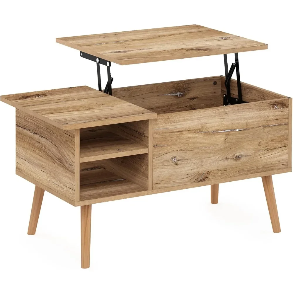 Table basse relevable en bois avec compartiment GNE et étagère de rangement latérale ouverte pour salon, chêne Flagstaff