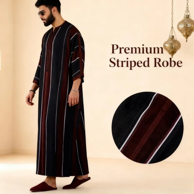 

Arabic Muslim Thobe for Men Black Lightweight Striped Print Robe Loose Fit Islamic Daily Wear