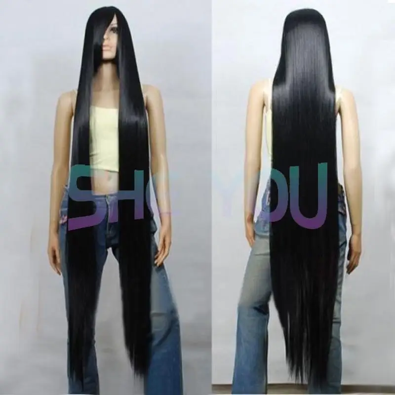 

200cm/79 inches 150cm/59" 120cm/47" 100cm/39" 80cm/32 inches Black Long Straight Wig Heat Resistant Cosplay Wig + Wig Cap