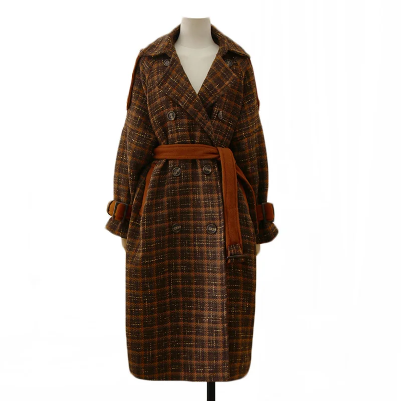 

Women's Plaid Woolen Coat Autumn Woolen Coat Winter New Korean Style Jacket Women Overcoat Waistband Coat Women Mature Office