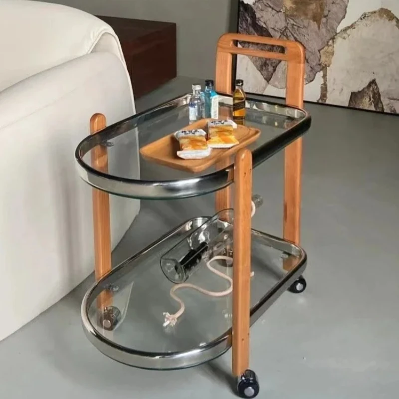 

Nordic Table Solid Wood Movable Trolley Home Living Room Glass Tea Table Ins Multifunctional Dining Car Storage Rack