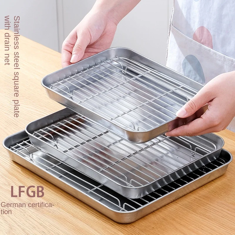 304 Wire Steaming Kebab Barbecue Mesh Rack BBQ Grill Mesh Net Carbon Stainless Steel deep Square Plate cafeteria Storage trays