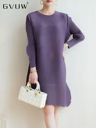 GVUW Pleated Women Dress Full Sleeve Solid Color Round Collar Casual 2024 New A Line Loose Female Pullover Dresses 17G7398