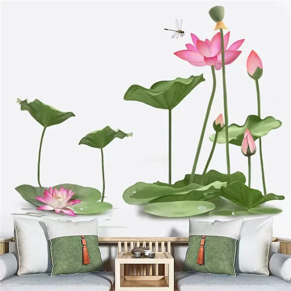 

Lotus Flower Wall Decals Adhesive Wallpaper Chinese Lotus Style Wall Sticker for Room Background Home Decoration