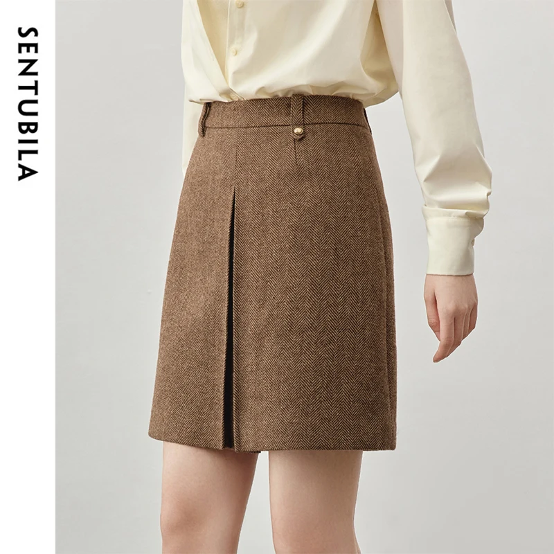 SENTUBILA Maillard Style Wool Mini Skirt Women 2024 Winter Folds Vintage Solid New Office Lady A-line Skirt Clothes 144Q57246