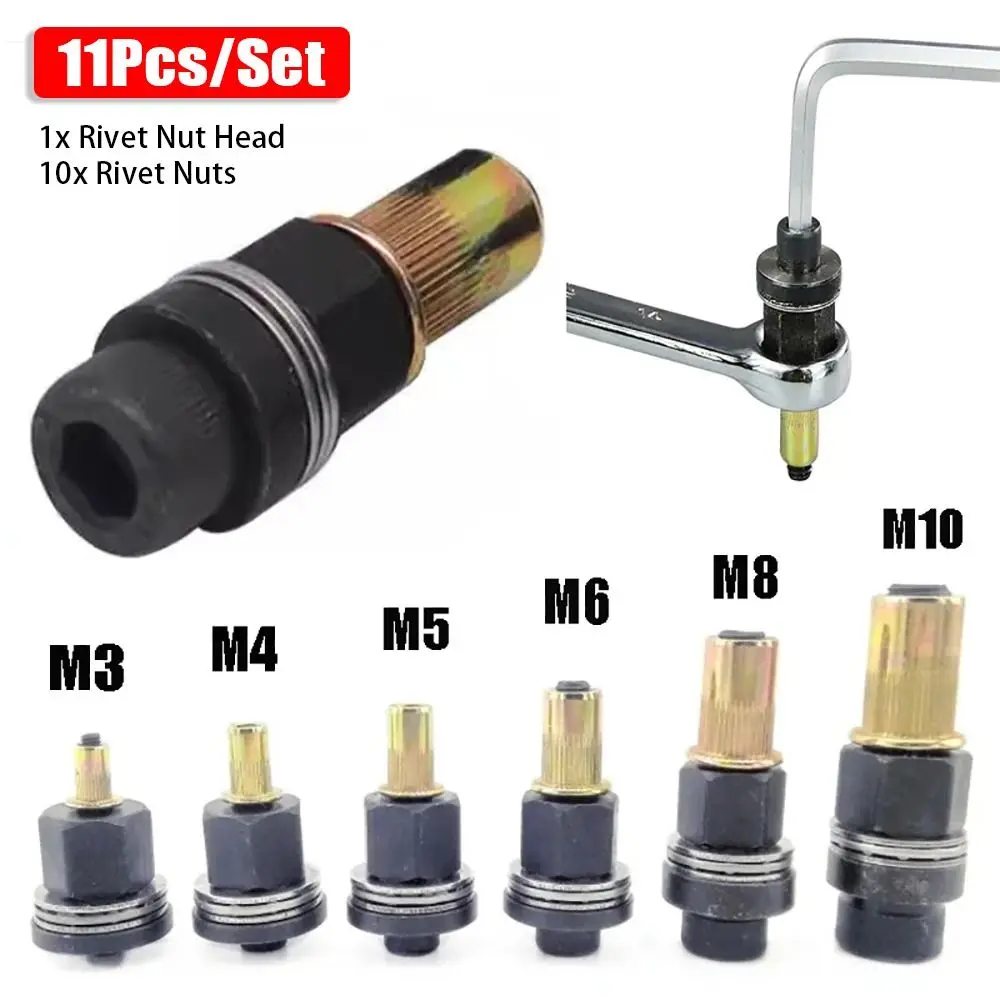 11Pcs/Set Mandrel Staple Hand Rivet Nut Easy Installation M3 M4 M5 M6 M8 M10 Manual Riveter Tool with Rivet Nuts