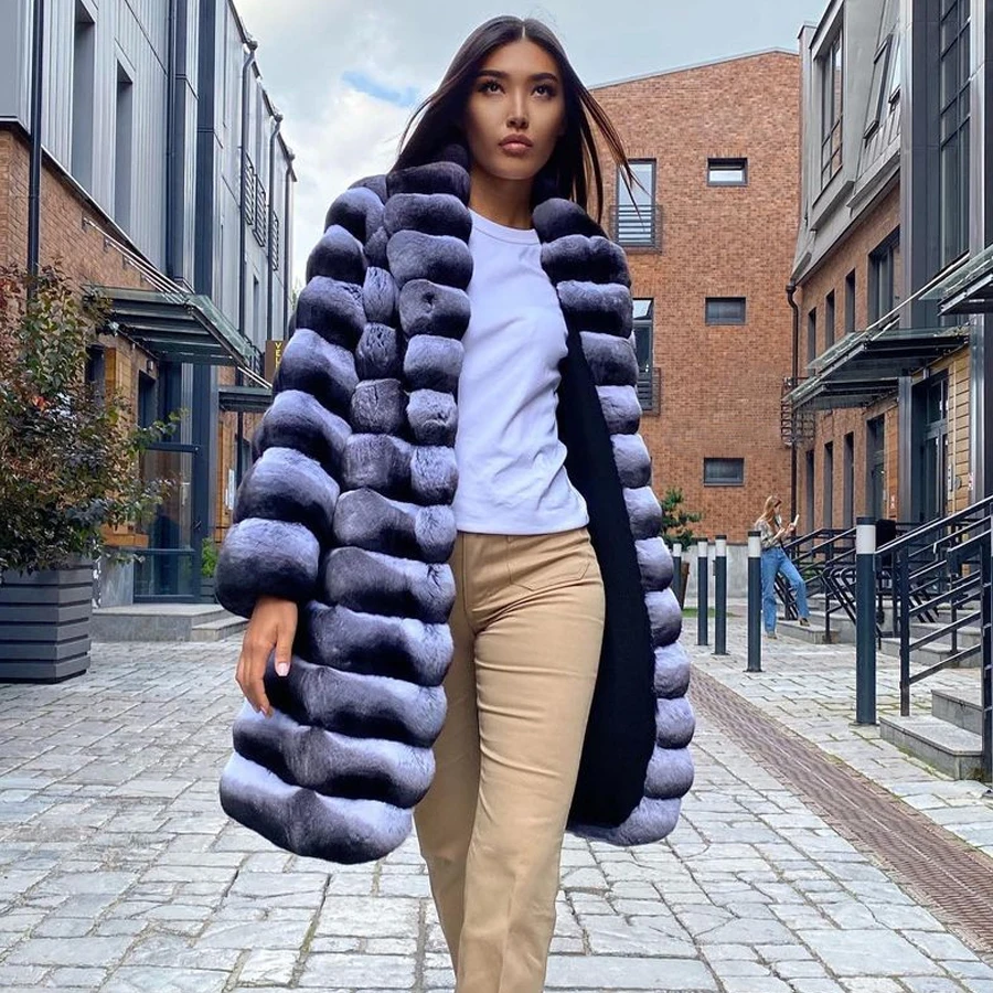 Real Fur Coat Women Rex Rabbit Fur Coat Winter Jacket  Mid-Length Natural Rabbit Fur Coat High Quality Warm