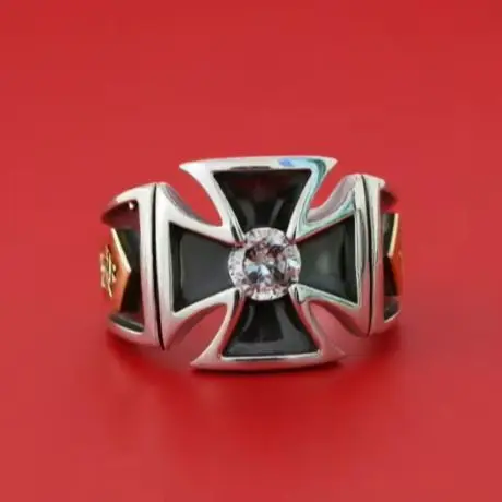 

925 Sterling Silver White Diamond Cross Ring Ring Punk trendy personality retro Thai silver ring male and female index finger