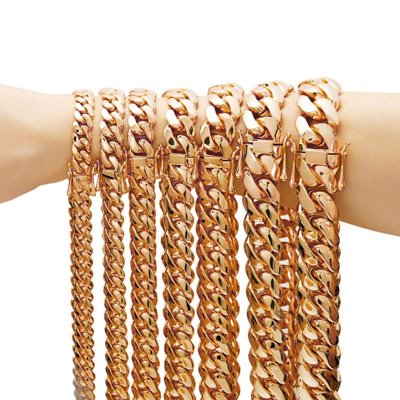 10-22mm wide Hip Hop Bling Rose Gold Color Stainless Steel Cuban Miami Link Chain Necklaces for Men Rapper jewelry Drop Shipping