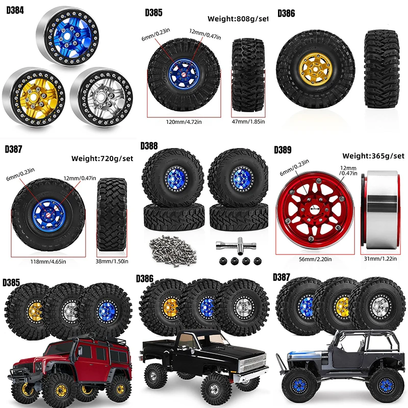 

1.9 Inch RC Crawler Wheels Metal Alloy Rims Rubber Tires for 1/10 Axial SCX10 III TRX4 90046 D90 RC Car Upgrade Parts