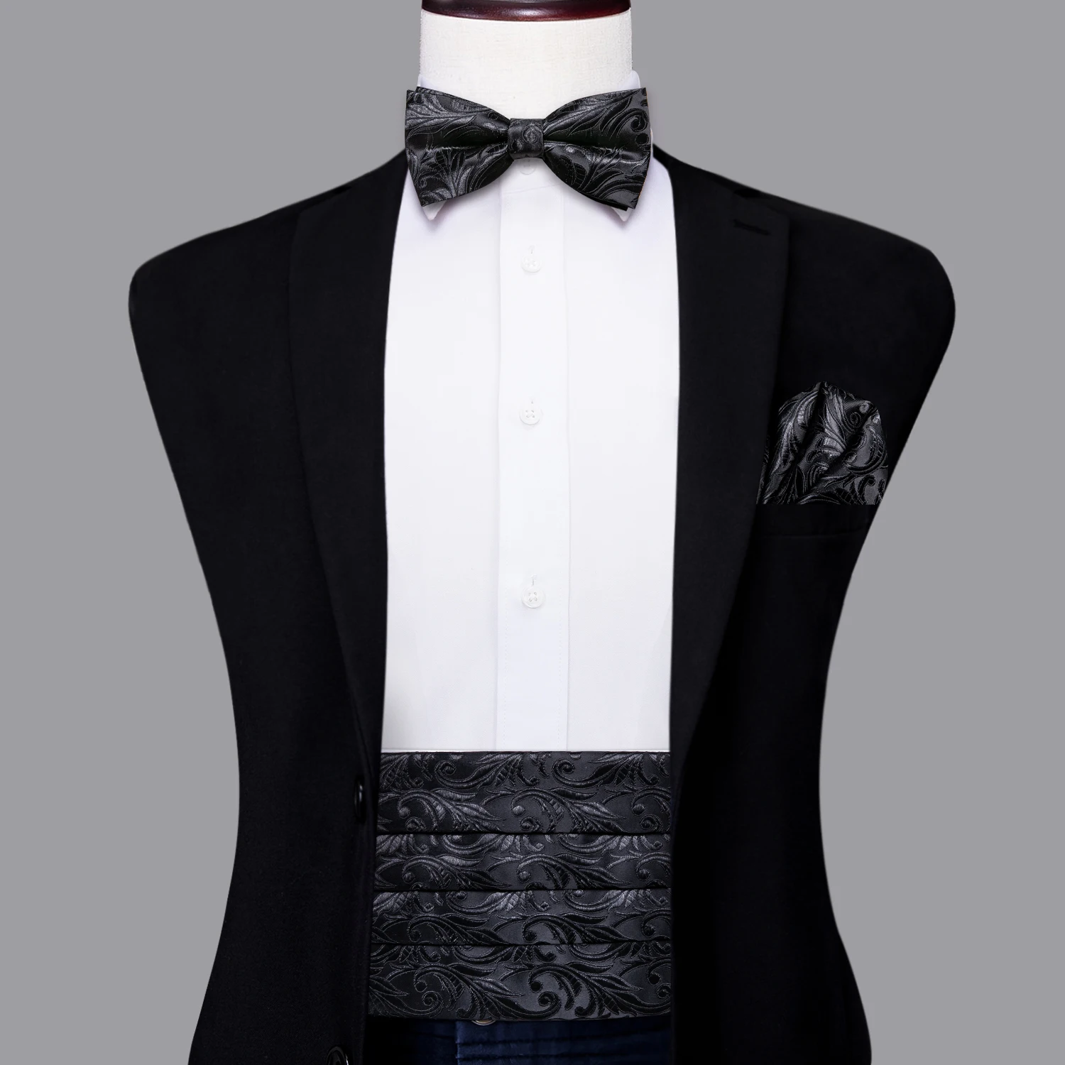 Hi-Tie Black Floral Mens Cummerbunds Vintage Jacquard Bowtie Hanky Cufflinks Cummerbund Belt Corset For Male Wedding Events