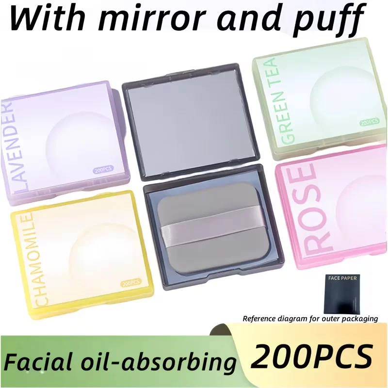 200-piece portable oil-absorbing facial tissues, suitable for both men and women, with a mirror and powder puff included.