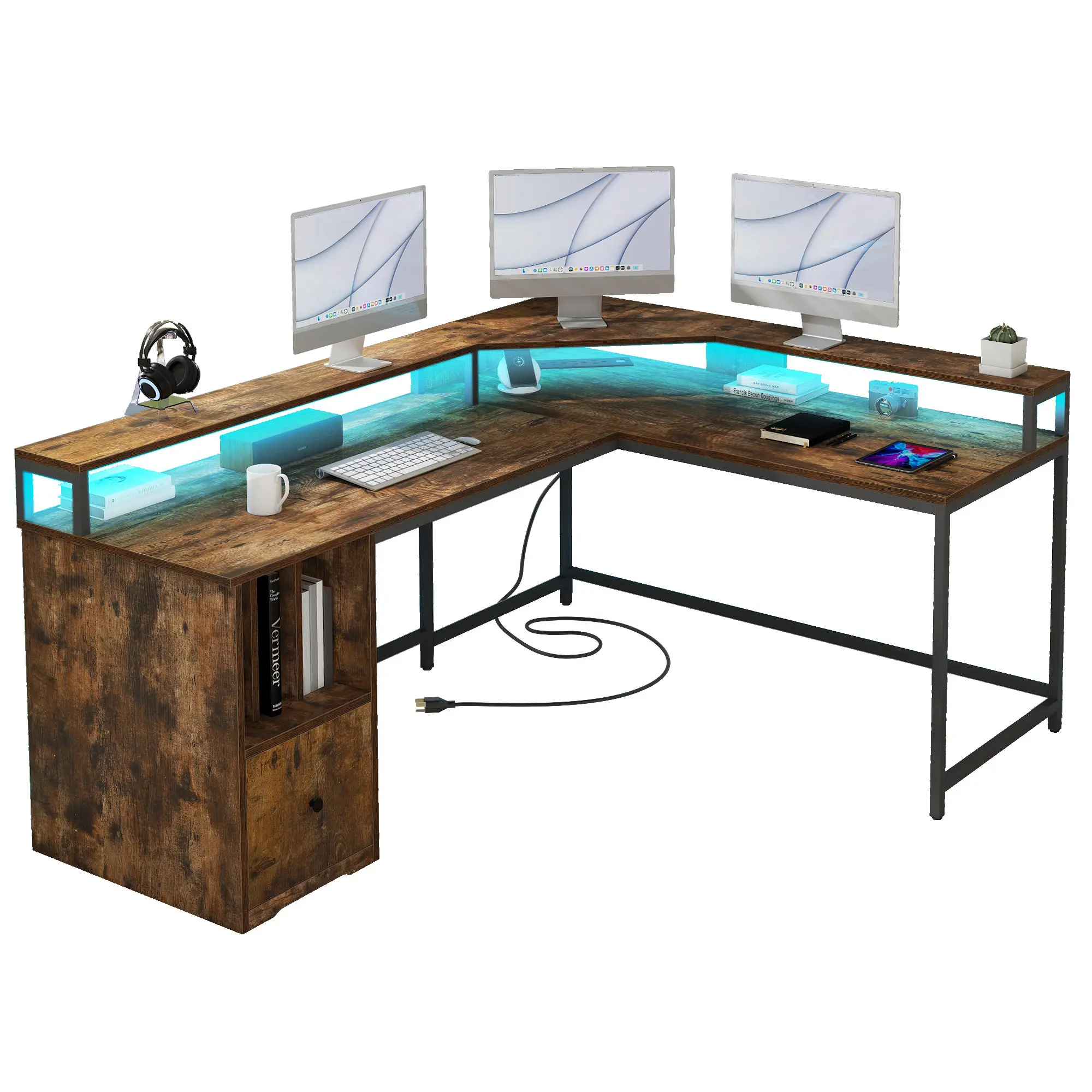 LED L Shaped Desk 67 inch Corner Computer Desk with Power Outlets & File Drawer