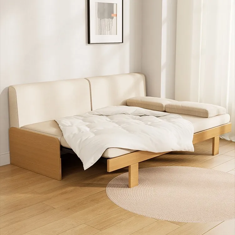 Telescopic bed, small apartment, living room, solid wood folding sofa bed, dual-purpose double, single sitting and sleeping bed,