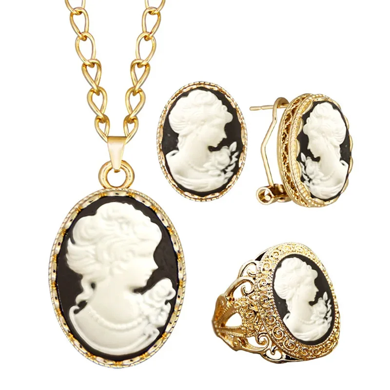 6 Colors Lady Queen Cameo Necklace Earring Ring Sets For Women Gold Color Pink Blue Gray Fashion Flower Cameo Jewelry Set