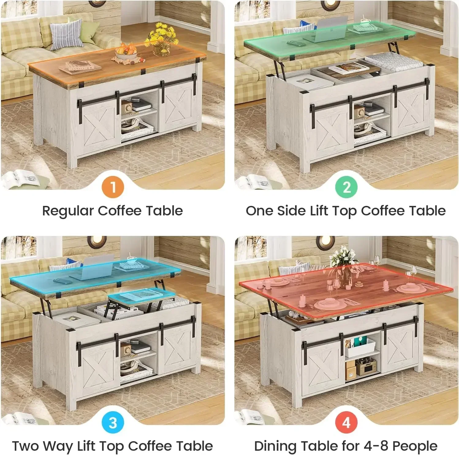 Lift Top Coffee Table 4 in 1 Multi-Function Convertible Coffee Tables with Storage and Hidden Compartment Farmhouse Coffee Table