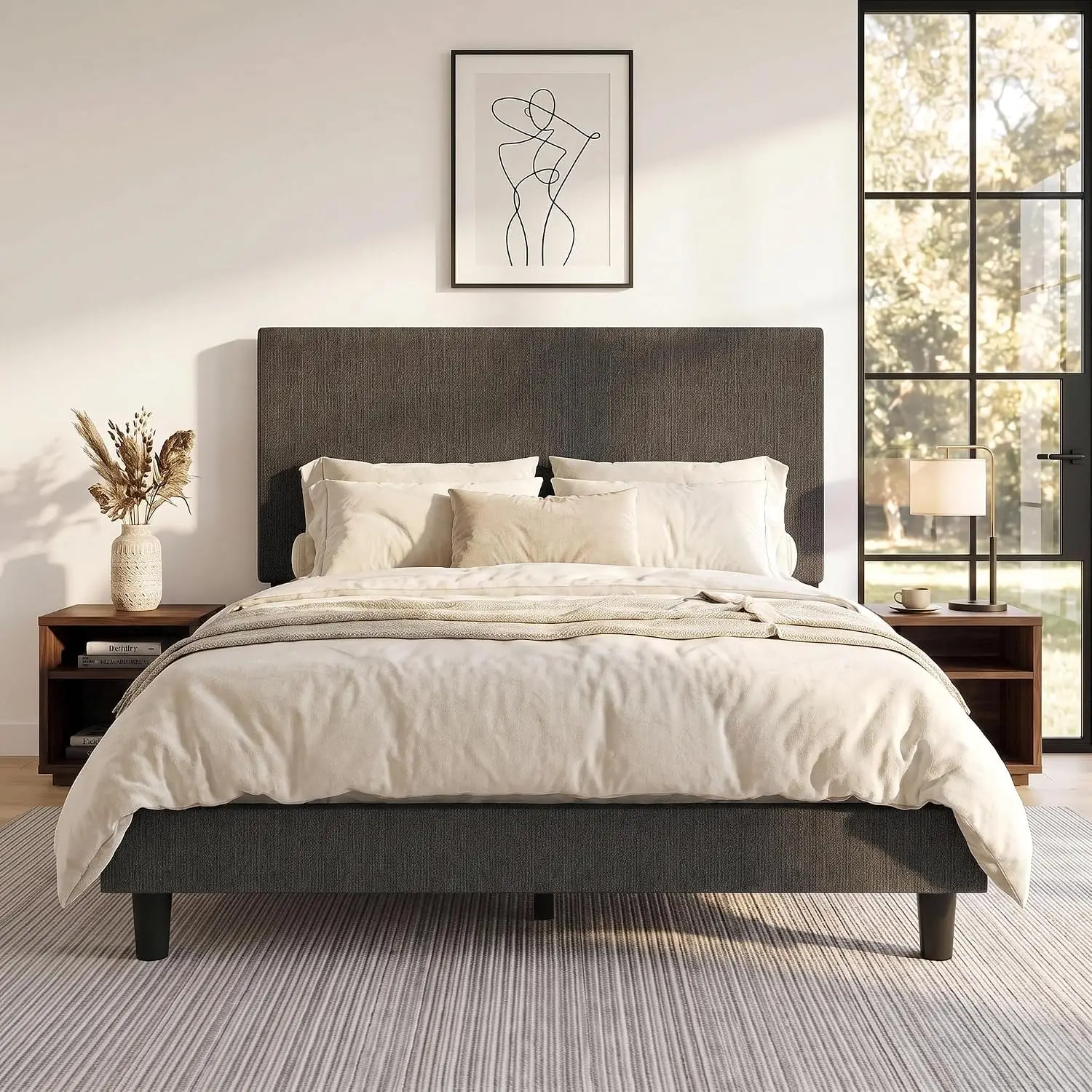 Boucle Full Size Platform Bed, Adjustable Headboard, Wooden Slats, No Box Spring, Noise-Free, Easy Assembly, Customized