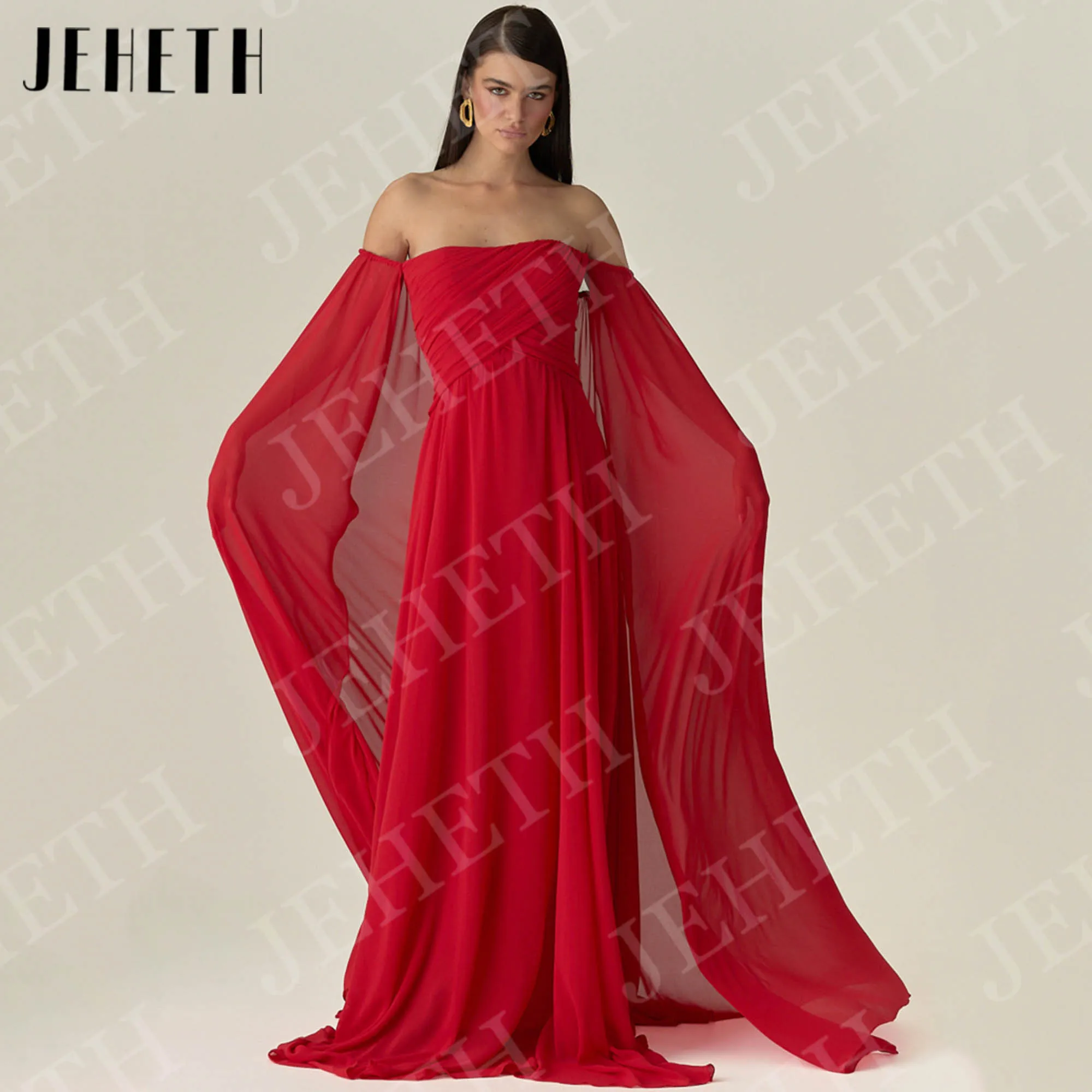 

JEHETH Elegant A Line Evening Dress Red Woman Chiffon Off Shoulder Cape Sleeves Formal Occasions Dresses Customized فساتين سهرة