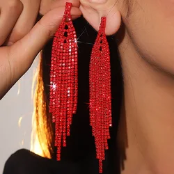 Red Prom Chandelier Earrings Long Tassel Earrings Jewelry For Women Rhinestone Sparkling Dangling Wedding Ear Studs