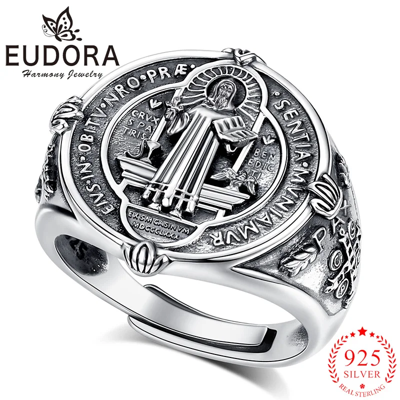 

Eudora 925 Sterling Silver Saint Benedict Ring San Benito Medal Adjustable Ring Catholic Jewelry Religious Gift for Men Women