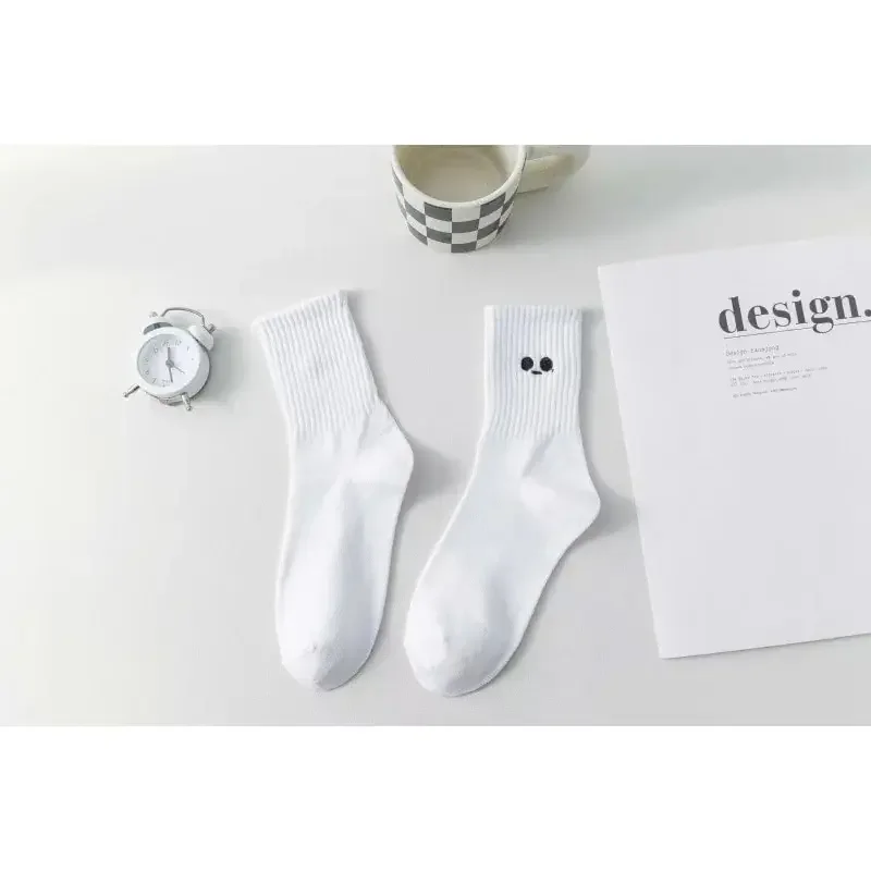 5 Pairs Women's Cartoon Socks Round Neck Mid Tube Fashionable Cute Expression Pattern Socks Casual Breathable Autumn Girls Socks