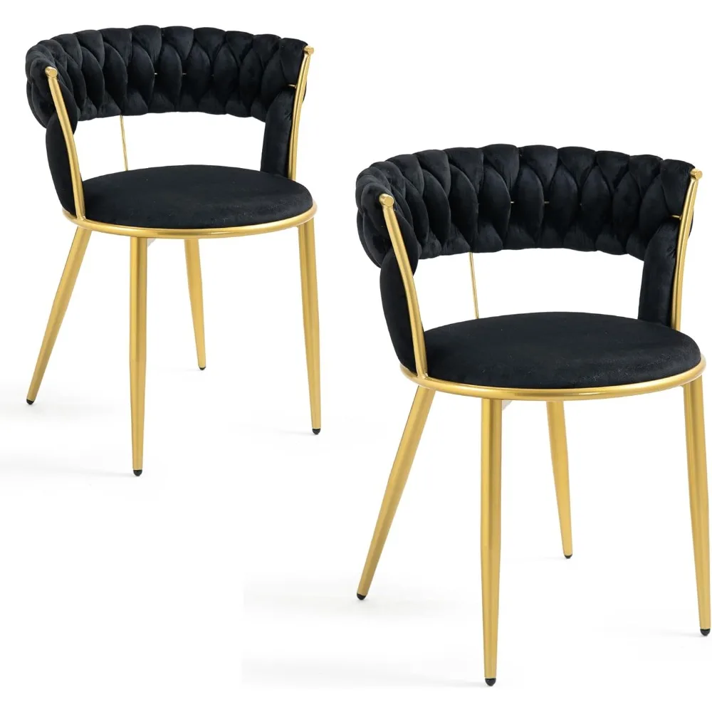 

Velvet Dining Chair Set of 2, Tufted Chair with Woven Backrest, Accent Chair with Gold Metal Legs, Modern Decorative Chairs