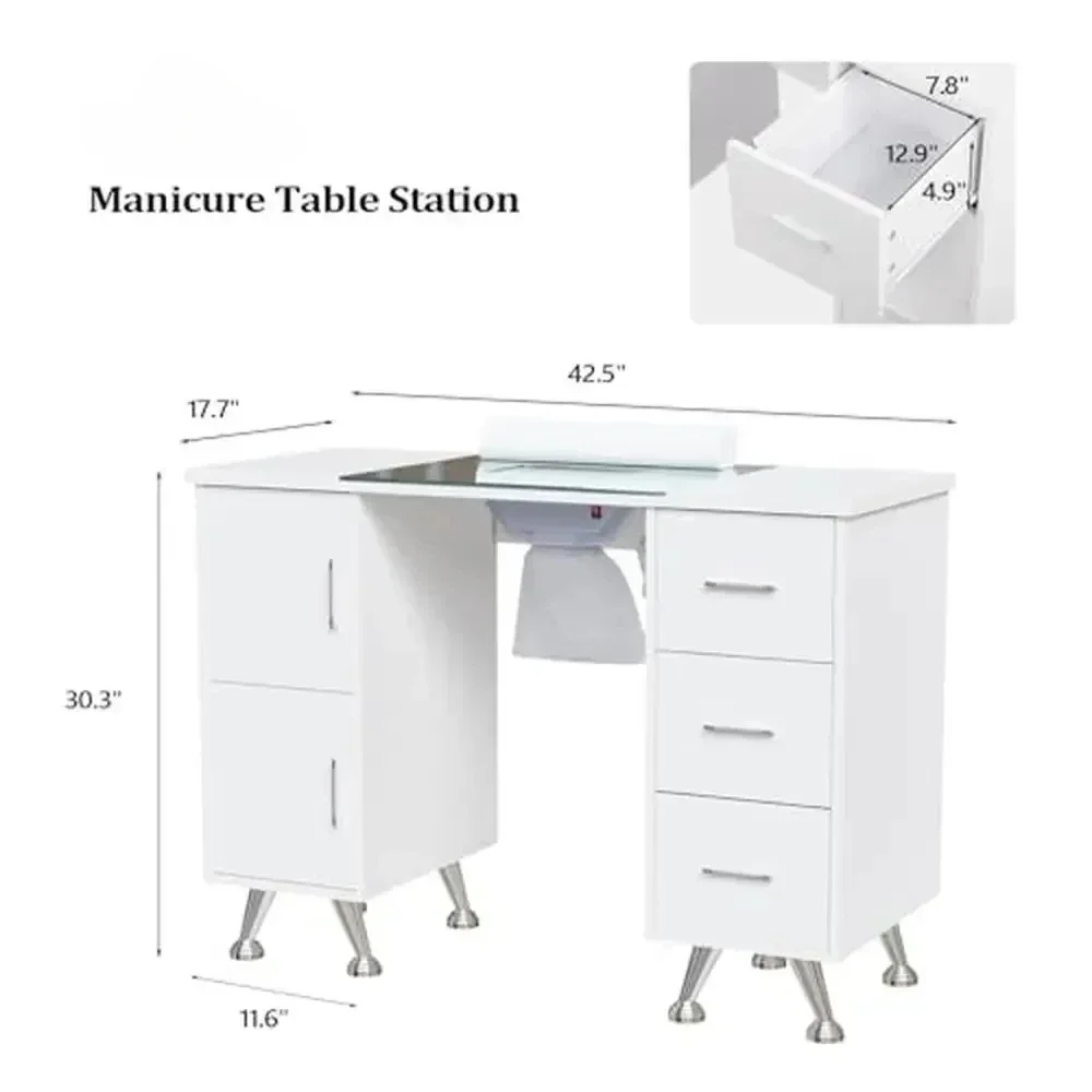 Manicure Desk Nail Tech w/ Glass Top & Storage Drawers Beauty Salon Supplies Comfortable Ergonomic Design Multi-functional