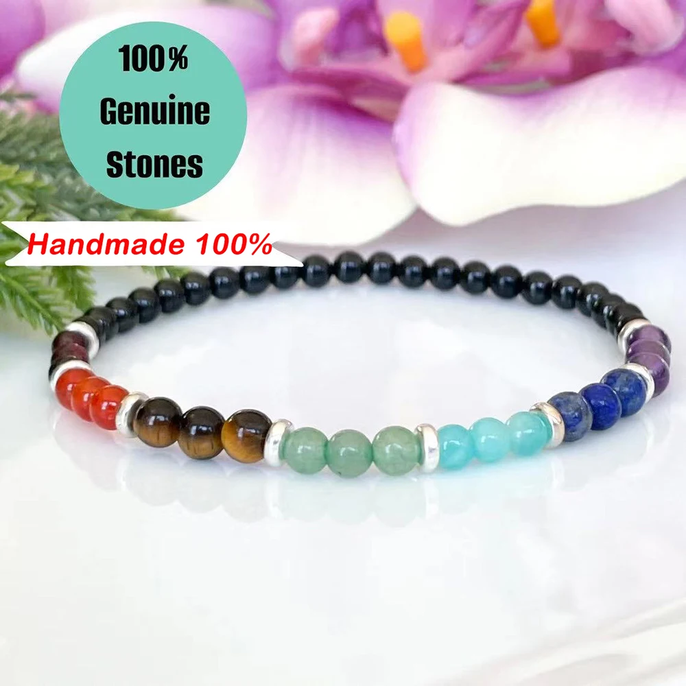 MG2063 New Design 4 MM Gemstone Dainty 7 Chakra Bracelet Womens Healing Crystals Beads Wrist Mala for Anxiety Relief