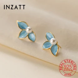 INZATT Real 925 Sterling Silver Blue Enamel Flower Pearl Stud Earrings For Women Fine Jewelry Minimalist Cute Plant Bijoux