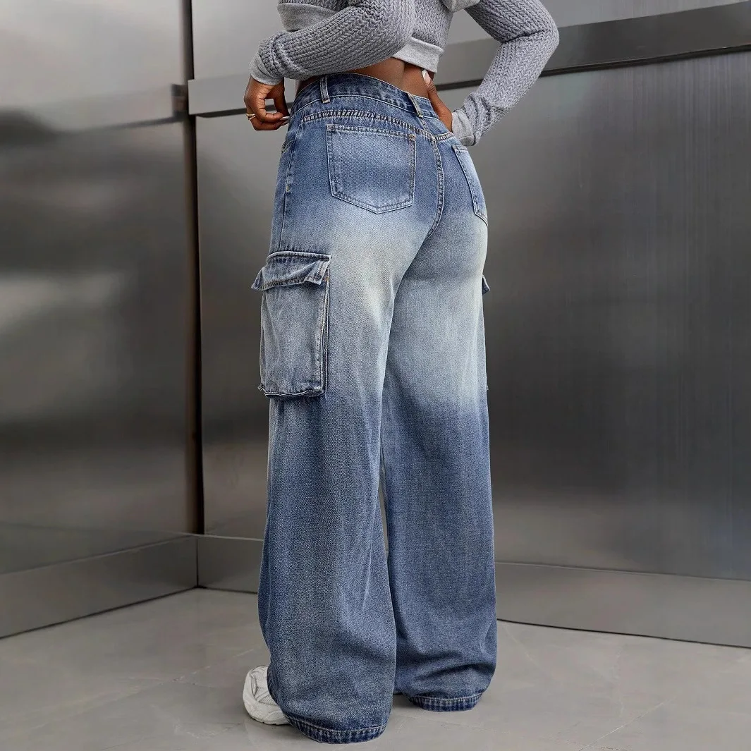 Cargo Jeans Women's Wide Leg Multi Pocket Faded Wash Utility Denim Pants Streetwear Trousers