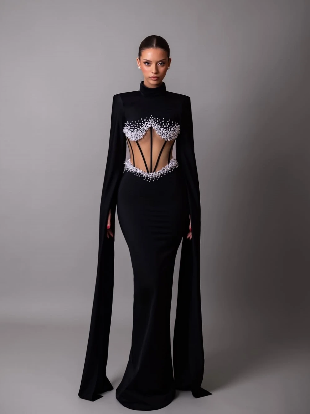 Glitter Pearls Sheath Long Evening Dress High Collar Cape Sleeve Prom Dresses Customized 2025 Elegant Balck Cocktail Gown