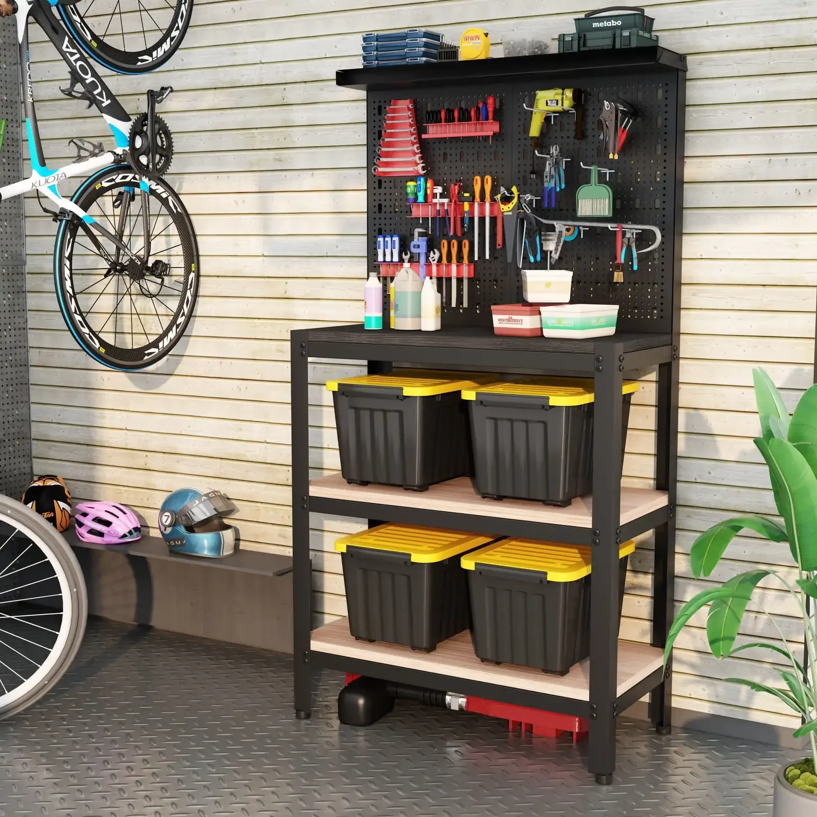 Plastic Storage Bin, Black Stackable and Nestable Storage Boxes with Yellow Lids and Secure Latching Buckles