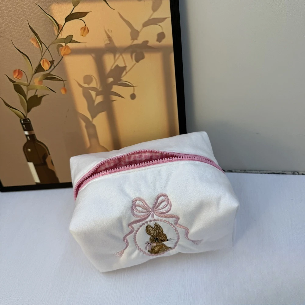 Square Cute Travel Toiletry Bag Women Girls Kawaii Cute Cosmetic Bag Bow Embroidered Large Capacity Makeup Organizer