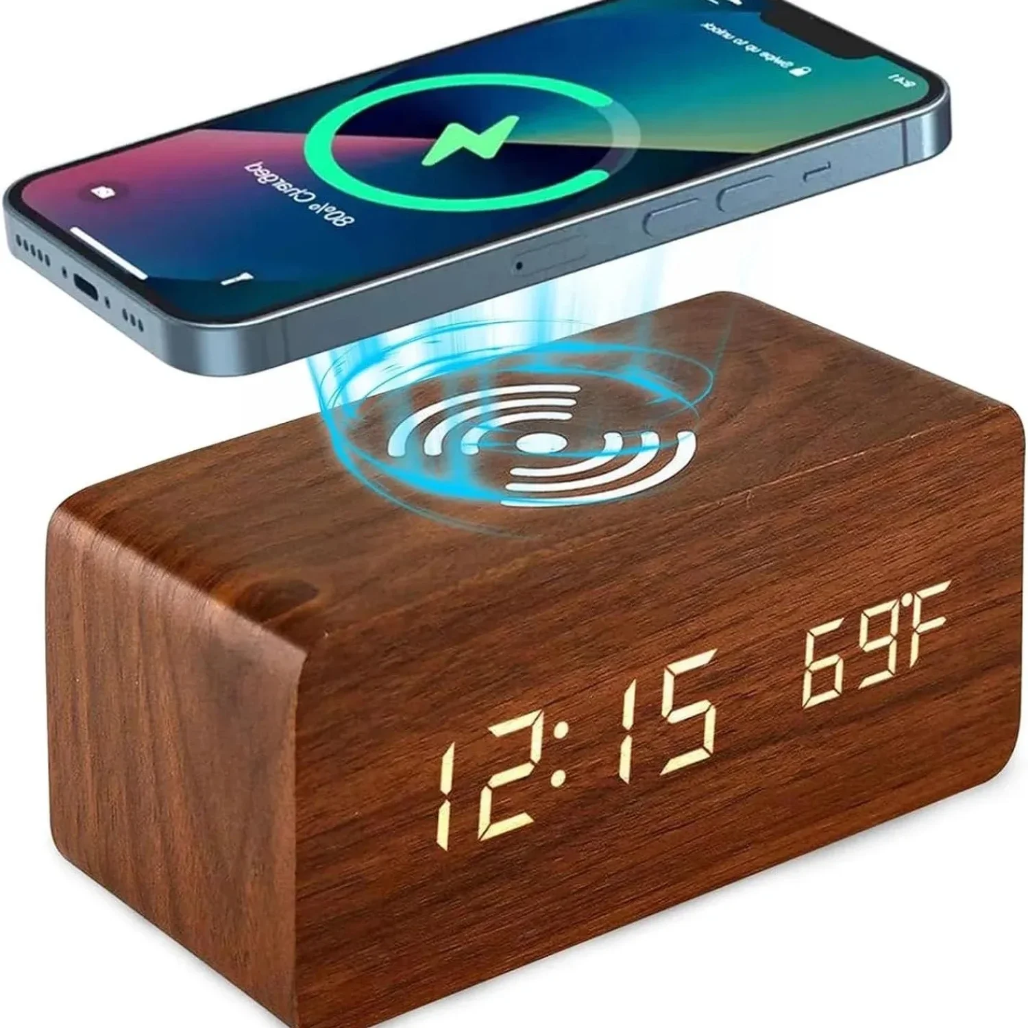 Wooden Wireless Charger Alarm Clock with Temperature Display and Humidity Sensor - Digital Desk Clock with Phone Charging Functi