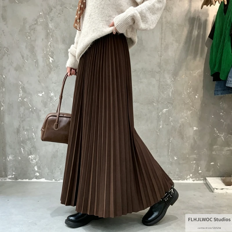 Wool Blend Pleated A‑Line Skirt Thick High Waist 2026 Autumn Winter Long Maxi Skirt for Women Casual Daily Wear