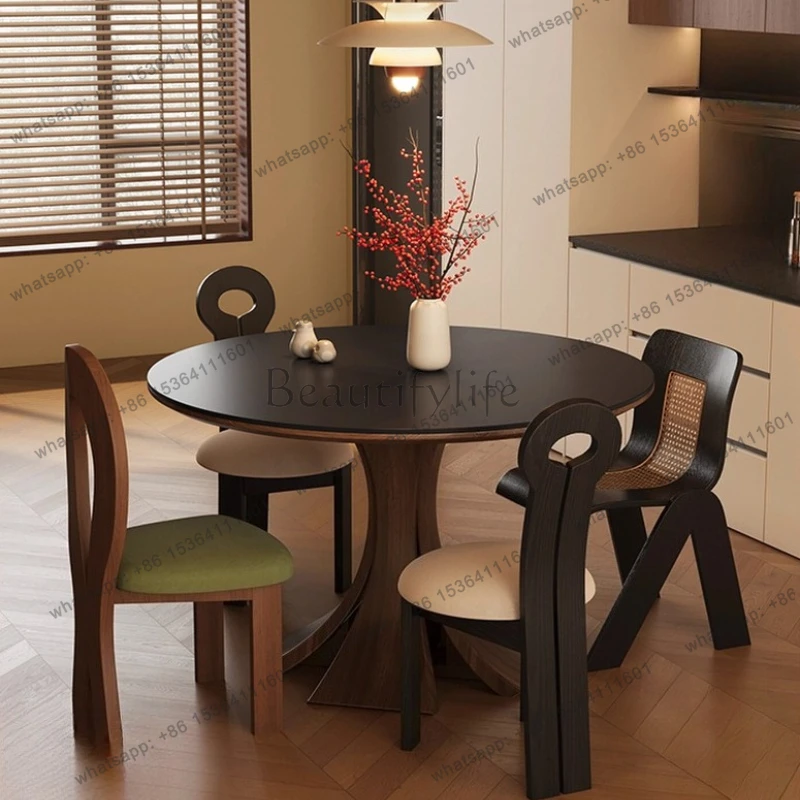 

Medieval Style Solid Wood Rock Board Dining Table Chair Combo Set Black Eating Table French Round Table Furniture Minimalist