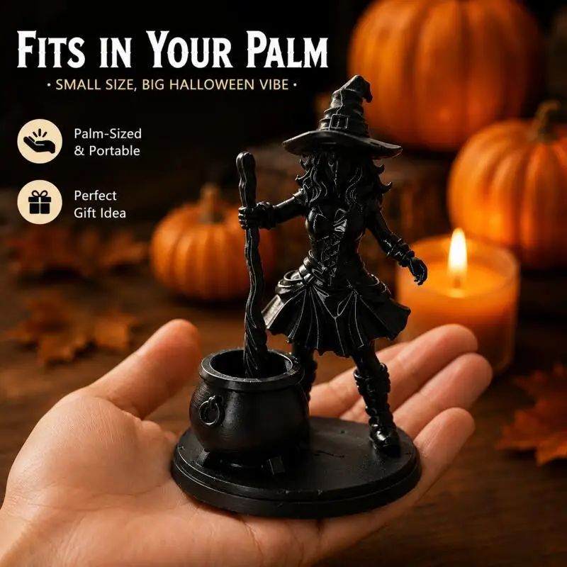 Halloween Witch Figurine with Cauldron, Dark Gothic Mini Statue for Desk Shelf Tabletop Seasonal Home Decor Gift
