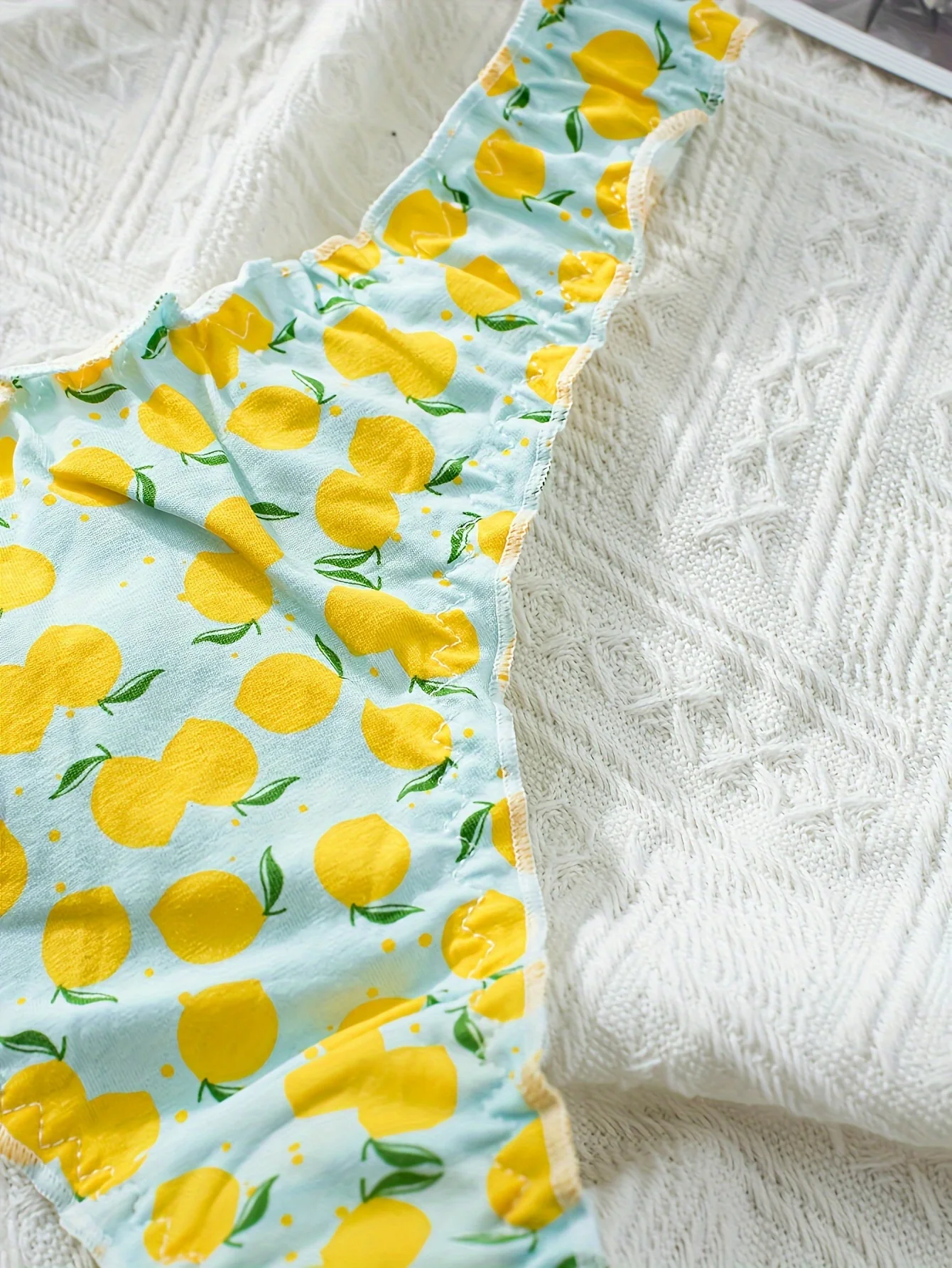 Tanga feminina com babados de algodão puro com padrão de frutas mistas de 5 peças, roupa íntima feminina confortável e enrugada